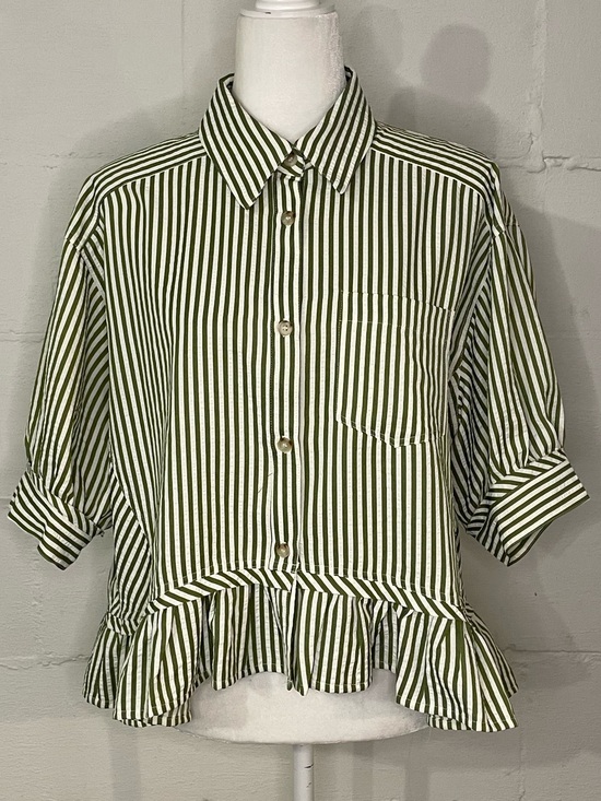 HOMEBODY Tops - Striped Ruffle Hem Button-Up Blouse - Olive/White